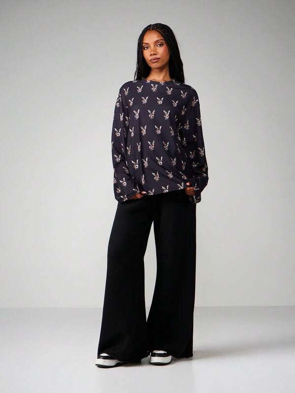 Missguided X Playboy Leopard Print Long Sleeve Crew Neck Top