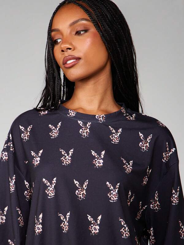 Missguided X Playboy Leopard Print Long Sleeve Crew Neck Top