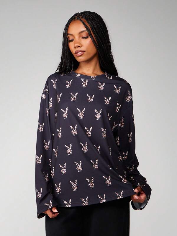 Missguided x Playboy Leopard Print Long Sleeve Crew Neck Top