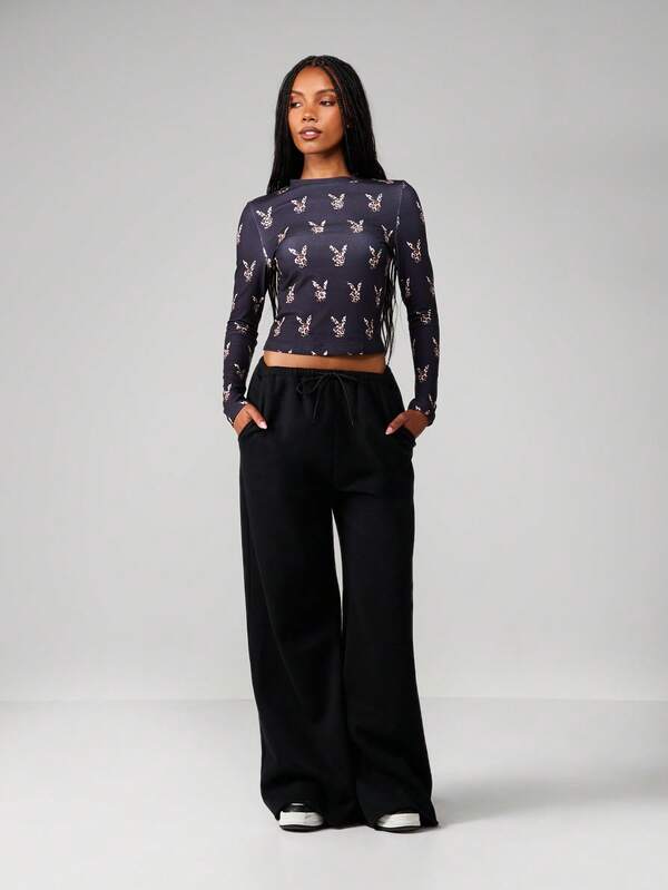 Missguided X Playboy Leopard Print Long Sleeve Crop Top