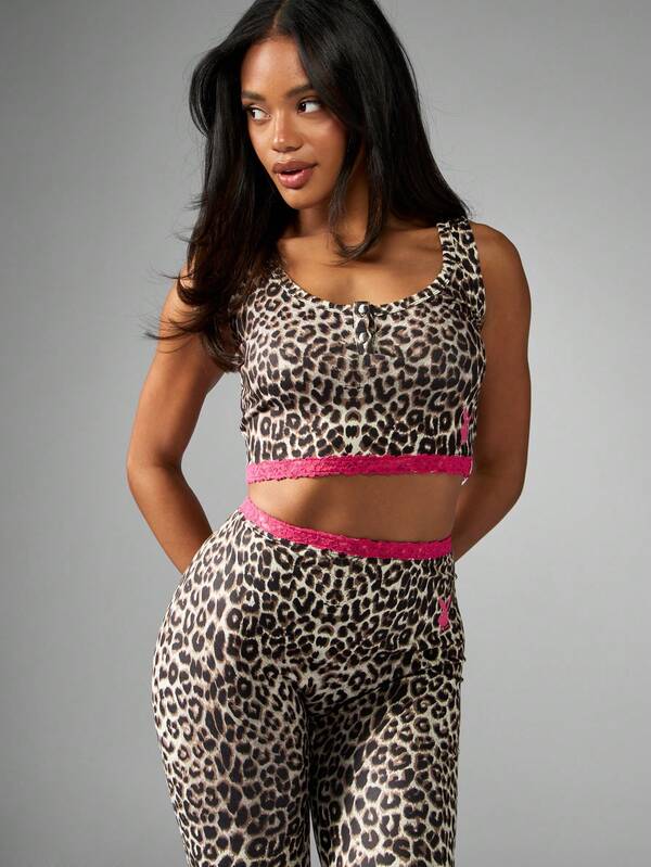 Missguided X Playboy Leopard Print Pajama Set With Pink Lace Trim