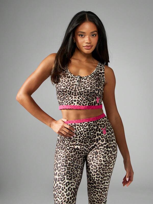 Missguided X Playboy Leopard Print Pajama Set With Pink Lace Trim