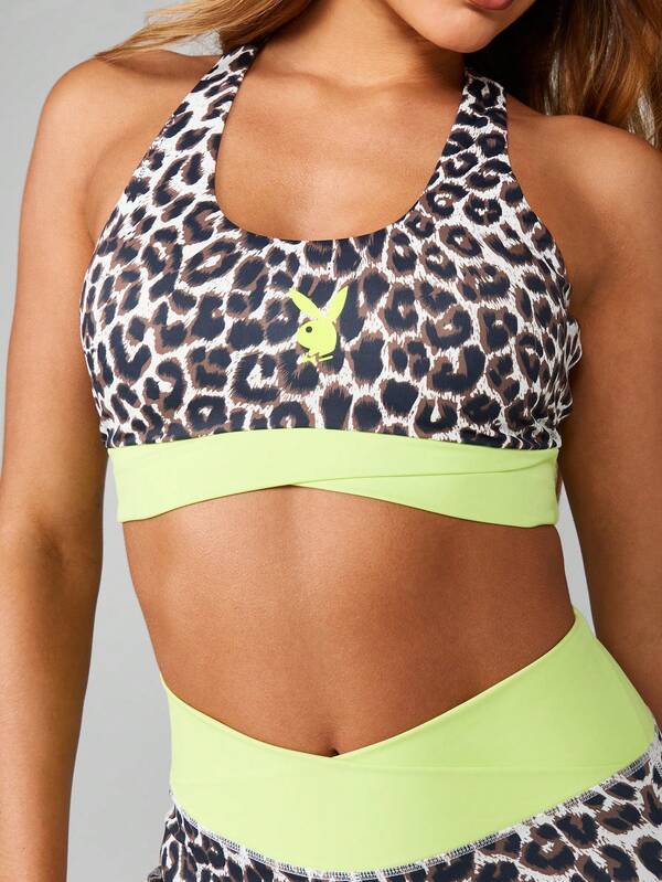 Missguided X Playboy Leopard Print Sports Set With Neon Trim