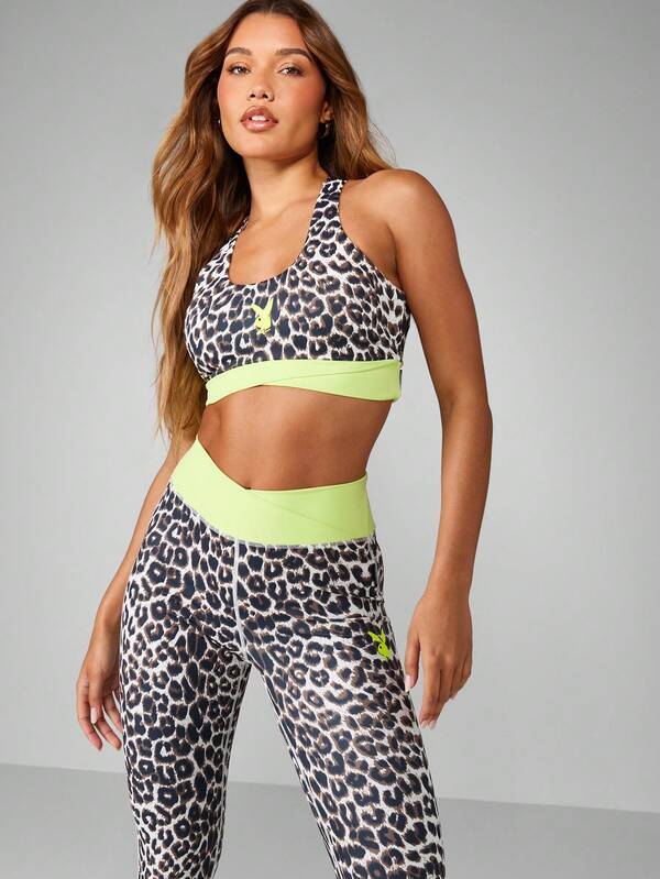 Missguided x Playboy Leopard Print Sports Set With Neon Trim