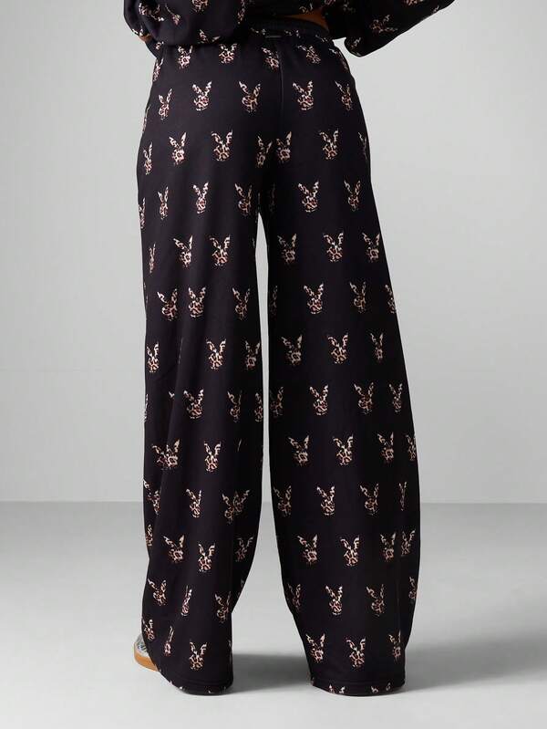 Missguided X Playboy Leopard Print Wide Leg Joggers With Drawstring