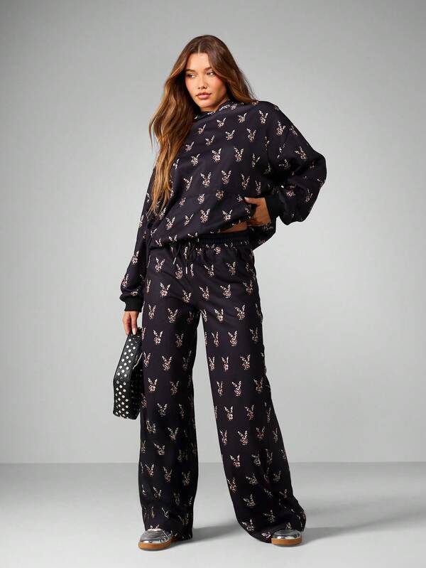 Missguided X Playboy Leopard Print Wide Leg Joggers With Drawstring