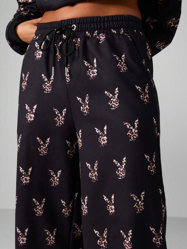 Missguided X Playboy Leopard Print Wide Leg Joggers With Drawstring