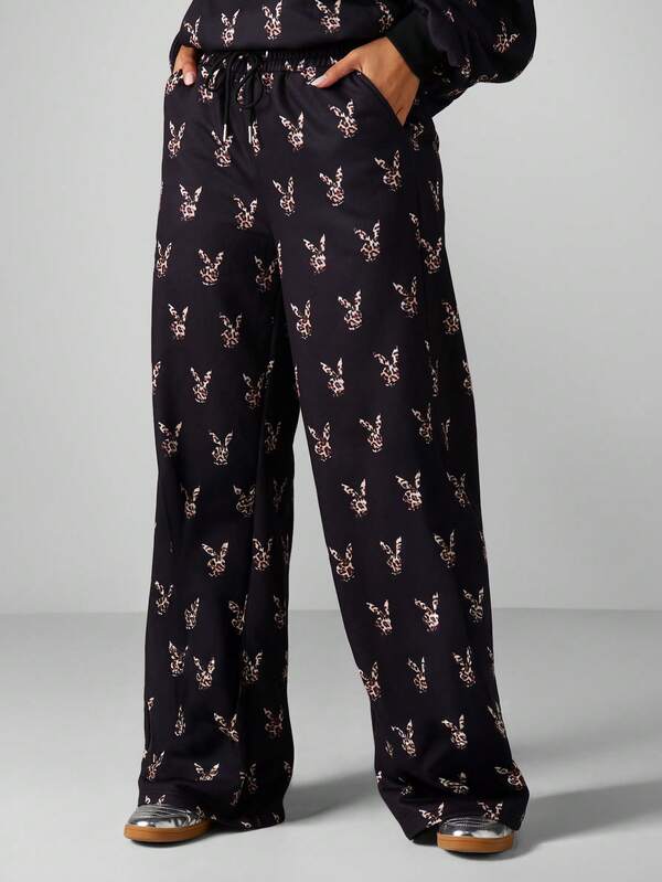Missguided x Playboy Leopard Print Wide Leg Joggers With Drawstring