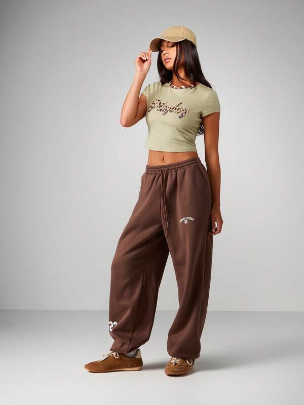 Missguided X Playboy Leopard Script Crop Top With Contrast Neckline
