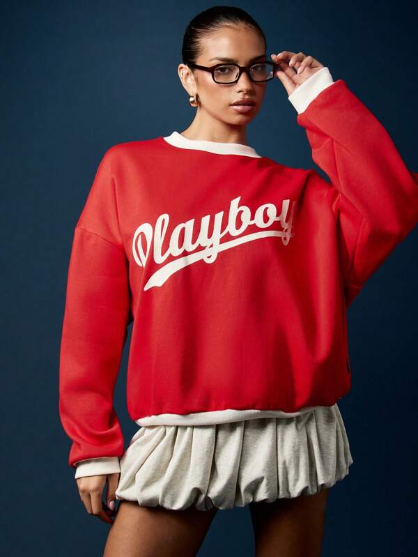 Missguided x Playboy Letter Print Crew Neck Sweatshirt With Ribbed Trim