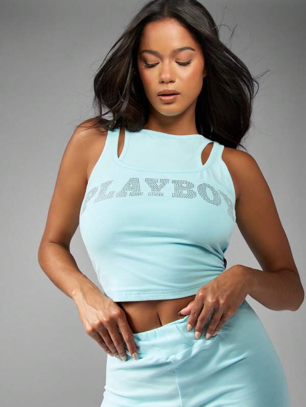 Missguided x Playboy Logo Crop Tank Top With Cut Out Detail