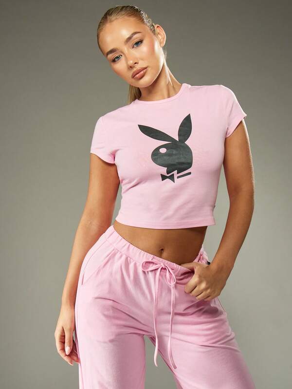 Missguided X Playboy Logo Crop Top And Wide Leg Pants Set