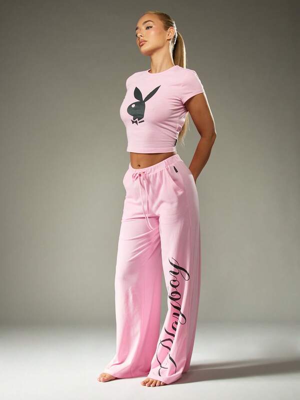 Missguided X Playboy Logo Crop Top And Wide Leg Pants Set