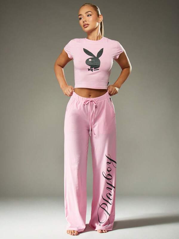 Missguided x Playboy Logo Crop Top And Wide Leg Pants Set