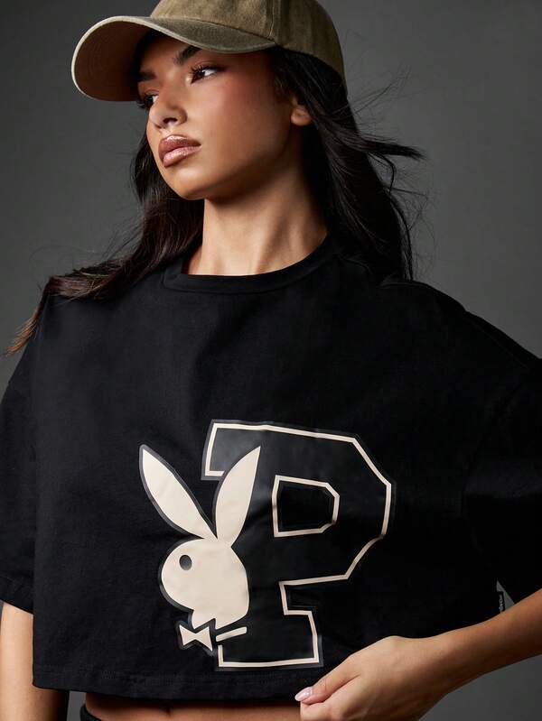 Missguided X Playboy Logo Graphic Crop T-Shirt With Bunny Print