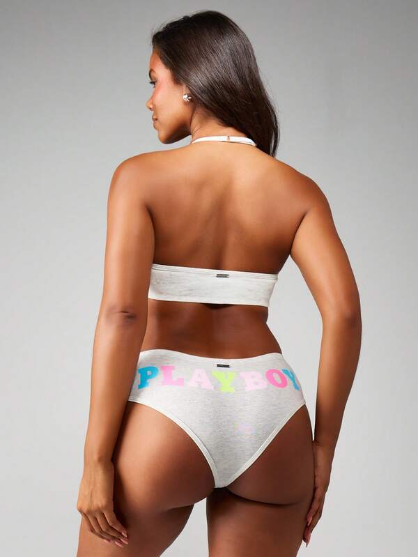 Missguided X Playboy Logo Halter Bralette With Matching Hipster Brief