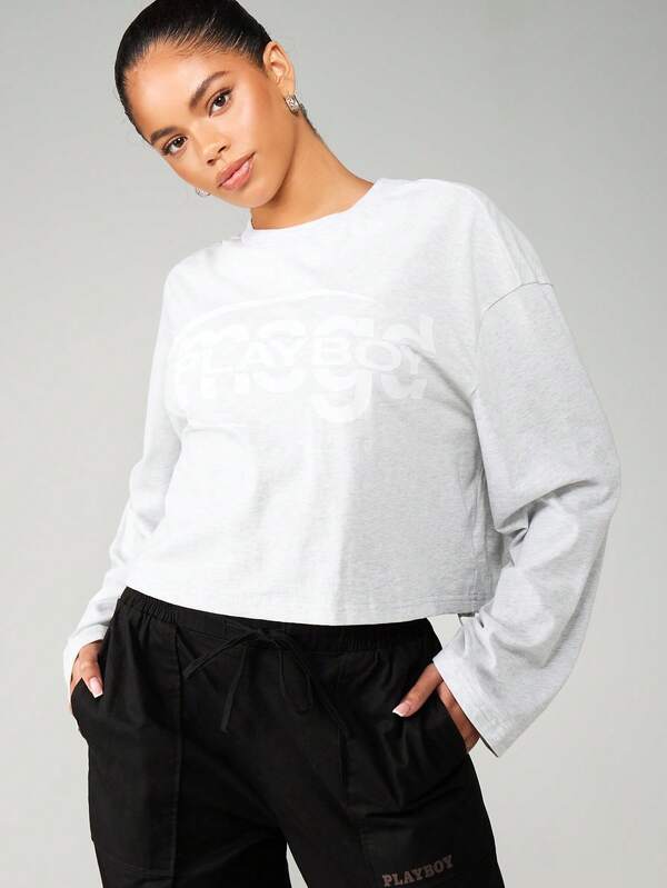 Missguided x Playboy Logo Long Sleeve Crop Sweatshirt