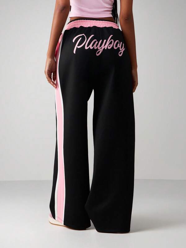 Missguided X Playboy Logo Wide Leg Sweatpants With Side Stripes