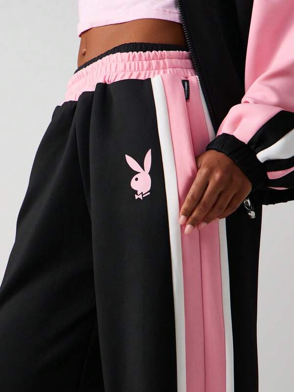 Missguided X Playboy Logo Wide Leg Sweatpants With Side Stripes