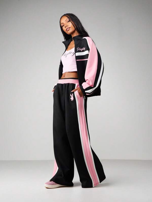 Missguided X Playboy Logo Wide Leg Sweatpants With Side Stripes