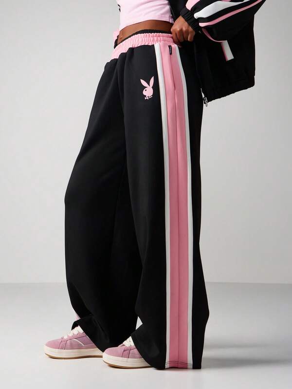 Missguided X Playboy Logo Wide Leg Sweatpants With Side Stripes
