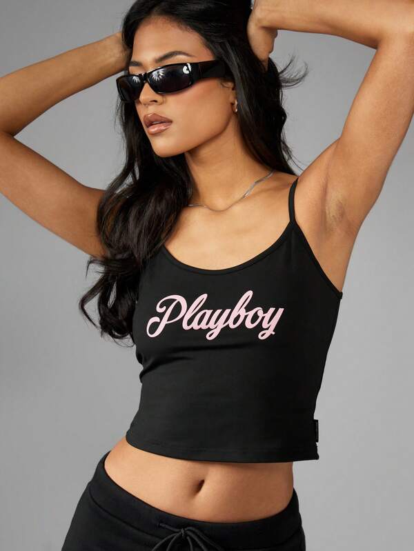 Missguided x Playboy Logo Y2K Aesthetic Crop Cami Tank Top