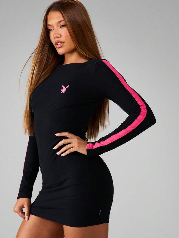 Missguided X Playboy Long Sleeve Bodycon Mini Dress With Logo
