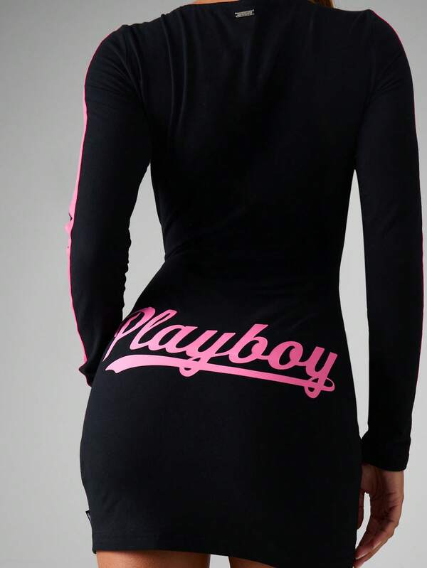 Missguided X Playboy Long Sleeve Bodycon Mini Dress With Logo