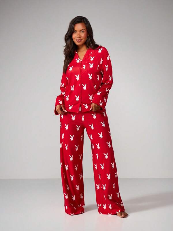 Missguided X Playboy Long Sleeve Bunny Print Pajama Set With Button Front