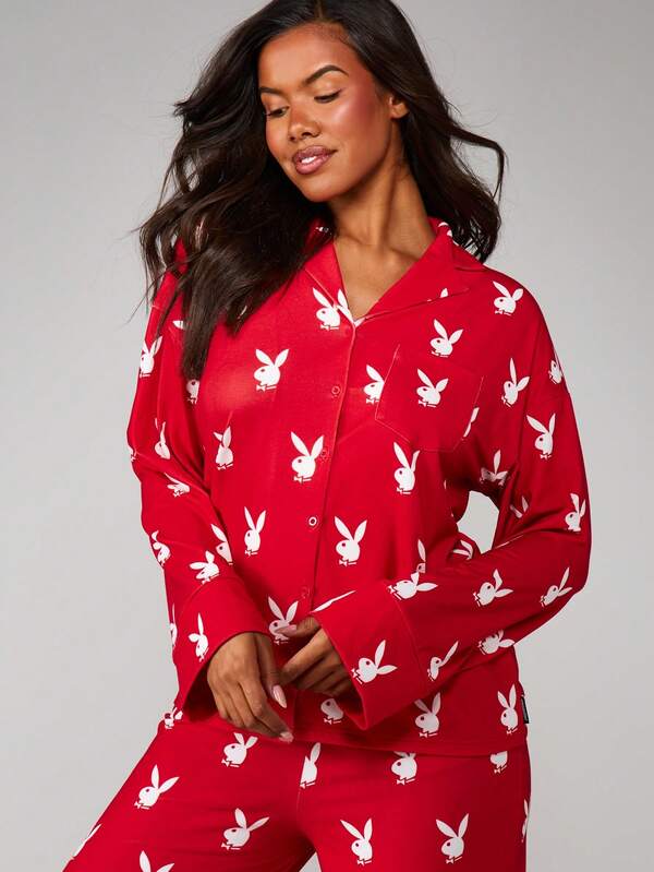Missguided X Playboy Long Sleeve Bunny Print Pajama Set With Button Front