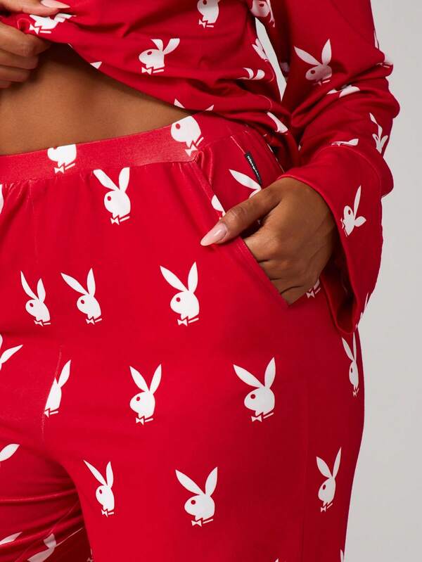 Missguided X Playboy Long Sleeve Bunny Print Pajama Set With Button Front