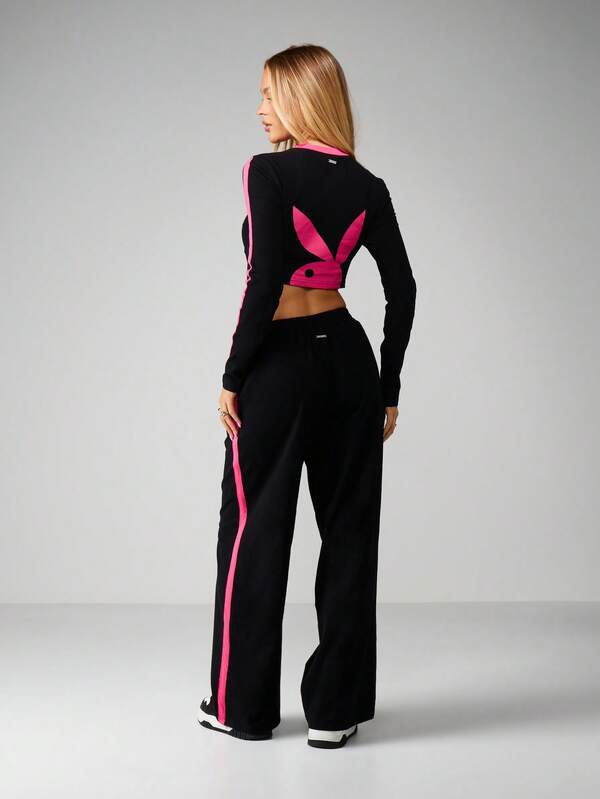 Missguided X Playboy Long Sleeve Crop Top And Wide Leg Pants With Contrast Stripes