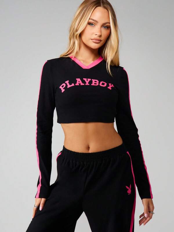 Missguided X Playboy Long Sleeve Crop Top And Wide Leg Pants With Contrast Stripes