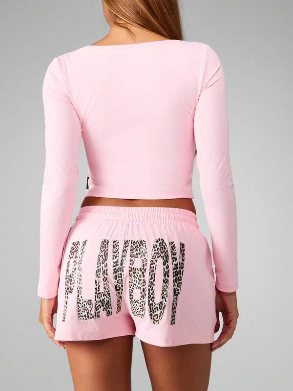 Missguided X Playboy Long Sleeve Crop Top With Leopard Print And Matching Shorts