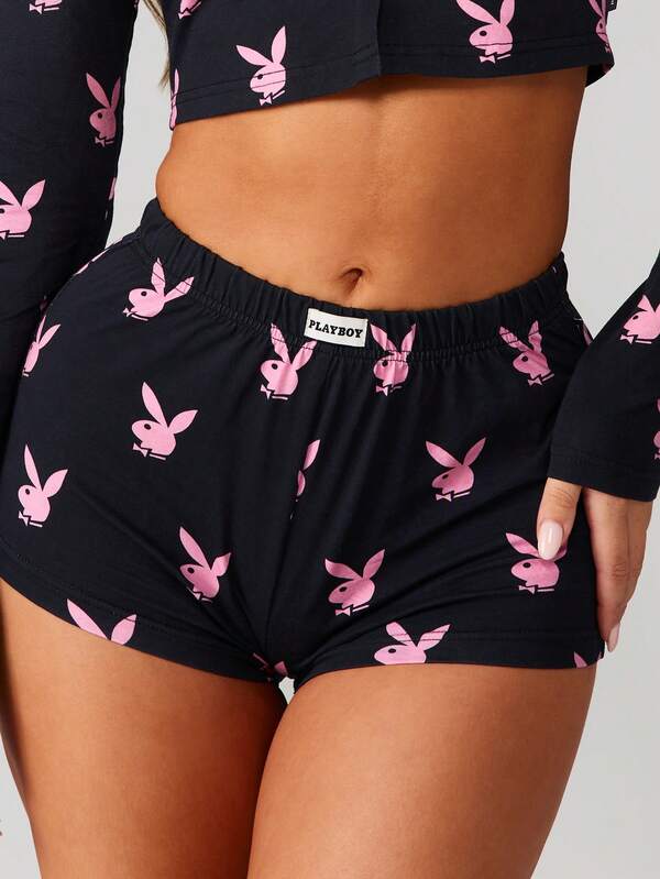 Missguided X Playboy Long Sleeve Crop Top With Matching Shorts Set