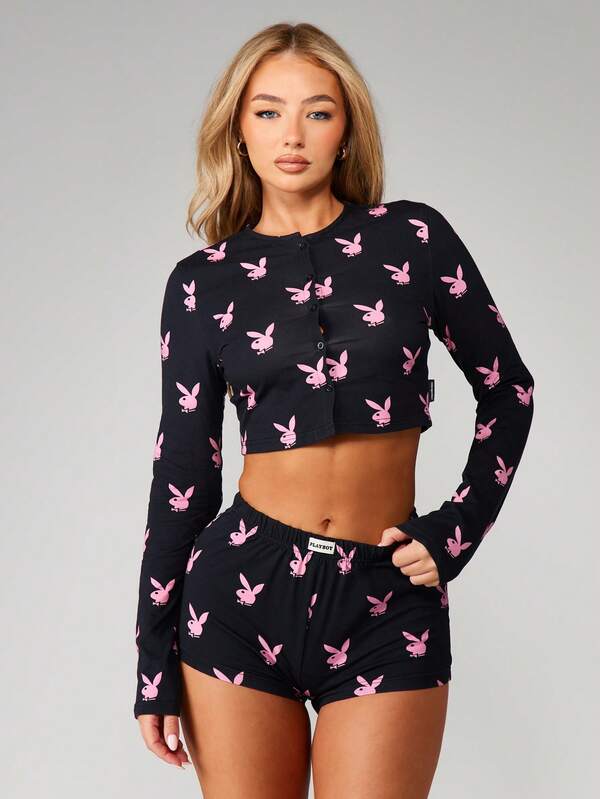 Missguided x Playboy Long Sleeve Crop Top With Matching Shorts Set