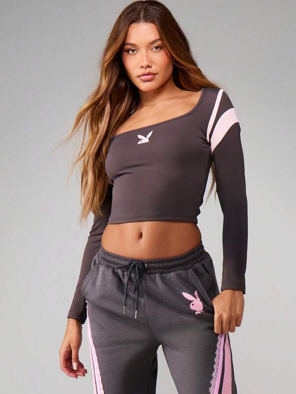 Missguided X Playboy Long Sleeve Crop Top With Scoop Neck