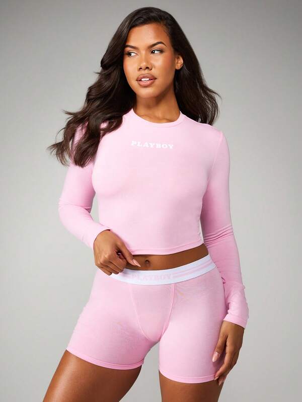 Missguided x Playboy Long Sleeve Crop Top With Shorts