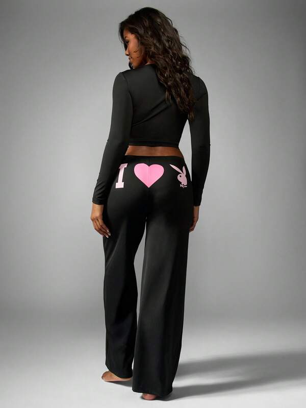 Missguided X Playboy Long Sleeve Crop Top With Wide Leg Pants Set