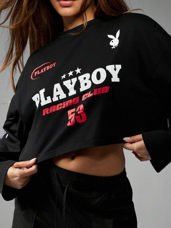 Missguided X Playboy Long Sleeve Cropped Graphic Tee With Racing Design