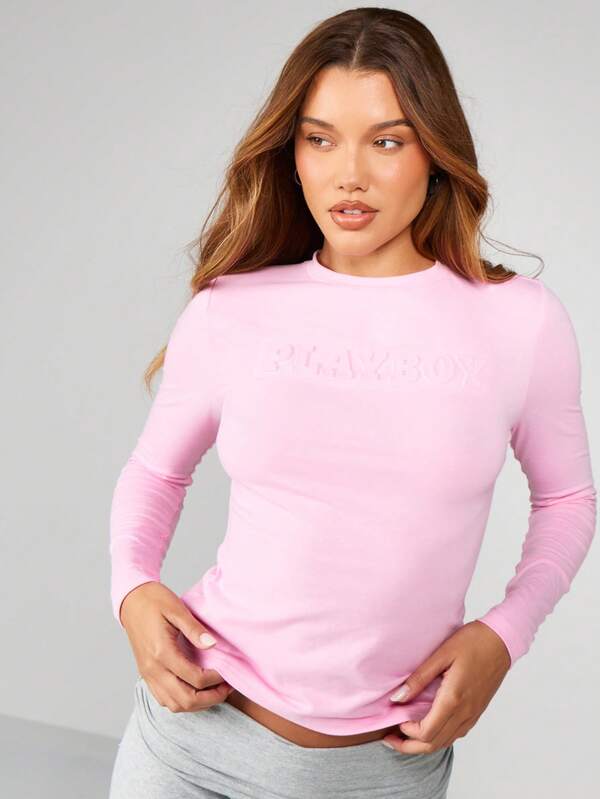 Missguided X Playboy Long Sleeve Embossed Crew Neck Top