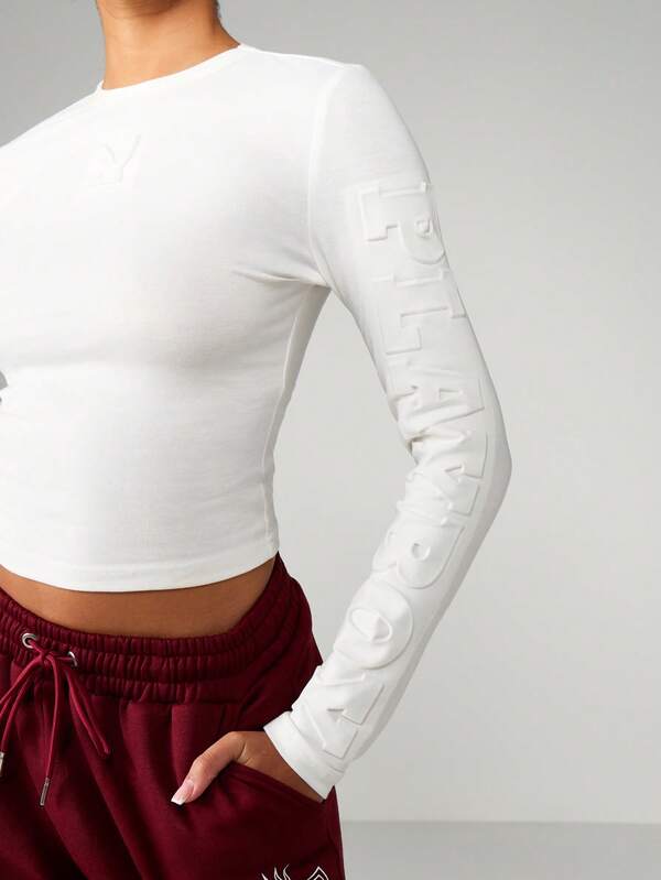 Missguided X Playboy Long Sleeve Embossed Crew Neck Top