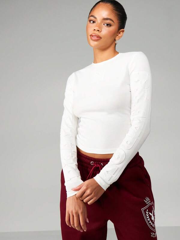 Missguided x Playboy Long Sleeve Embossed Crew Neck Top