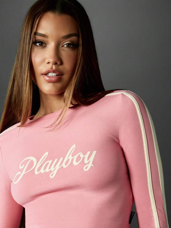 Missguided X Playboy Long Sleeve Fitted Crop Top With Logo Print