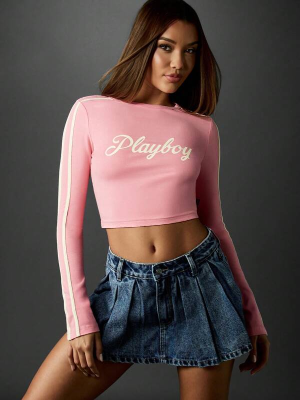 Missguided x Playboy Long Sleeve Fitted Crop Top With Logo Print