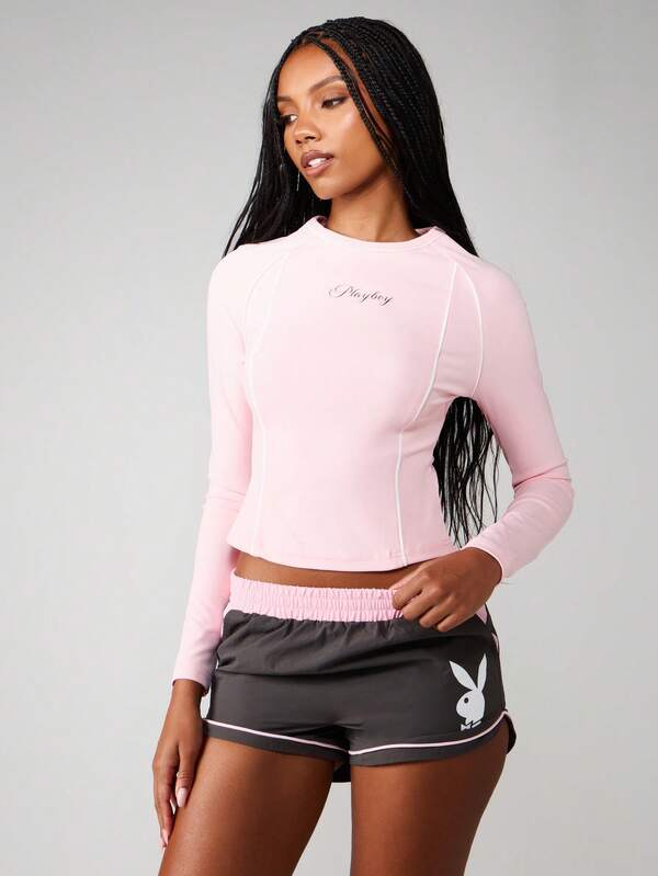 Missguided x Playboy Long Sleeve Fitted Crop Top With Raglan Sleeves