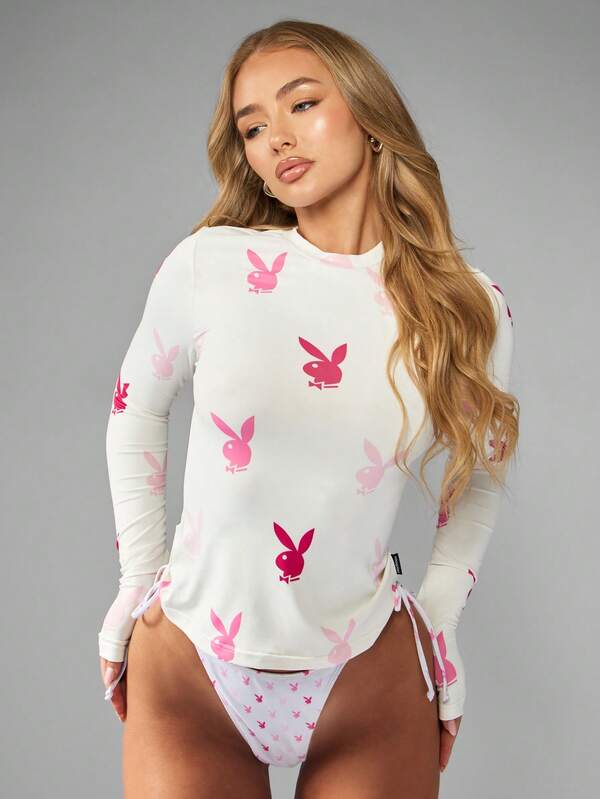 Missguided X Playboy Long Sleeve Fitted Top With Bunny Logo Print