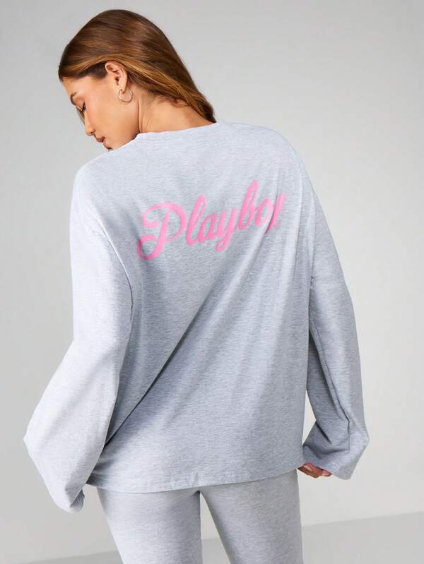 Missguided x Playboy Long Sleeve Graphic Tee With Script Print