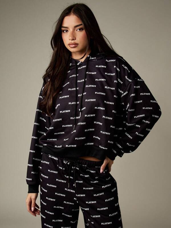 Missguided X Playboy Long Sleeve Hooded Sweatshirt With Wide Leg Pants
