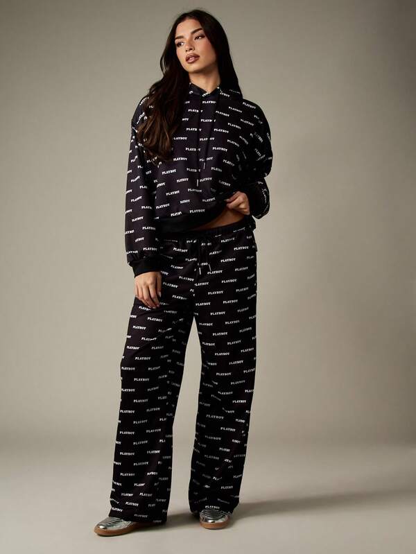 Missguided x Playboy Long Sleeve Hooded Sweatshirt With Wide Leg Pants